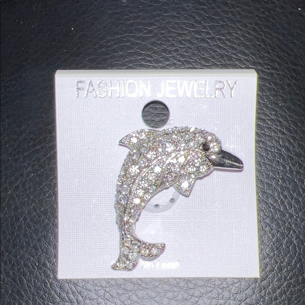 Silver Dolphin Brooch with Rhinestones